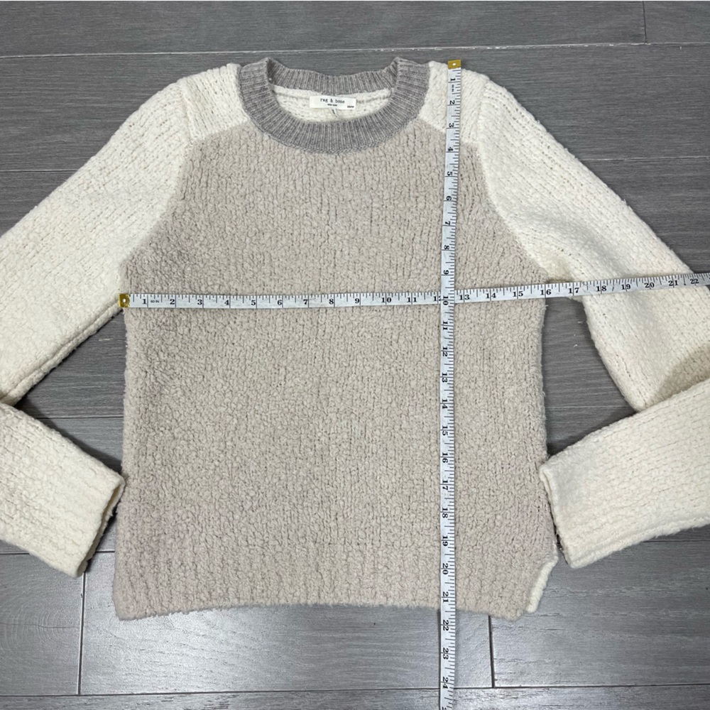 Rag & Bone Knit Davis Color Block Crew Wool Teddy Sweater XS Ivory Gray Tan - Picture 14 of 16